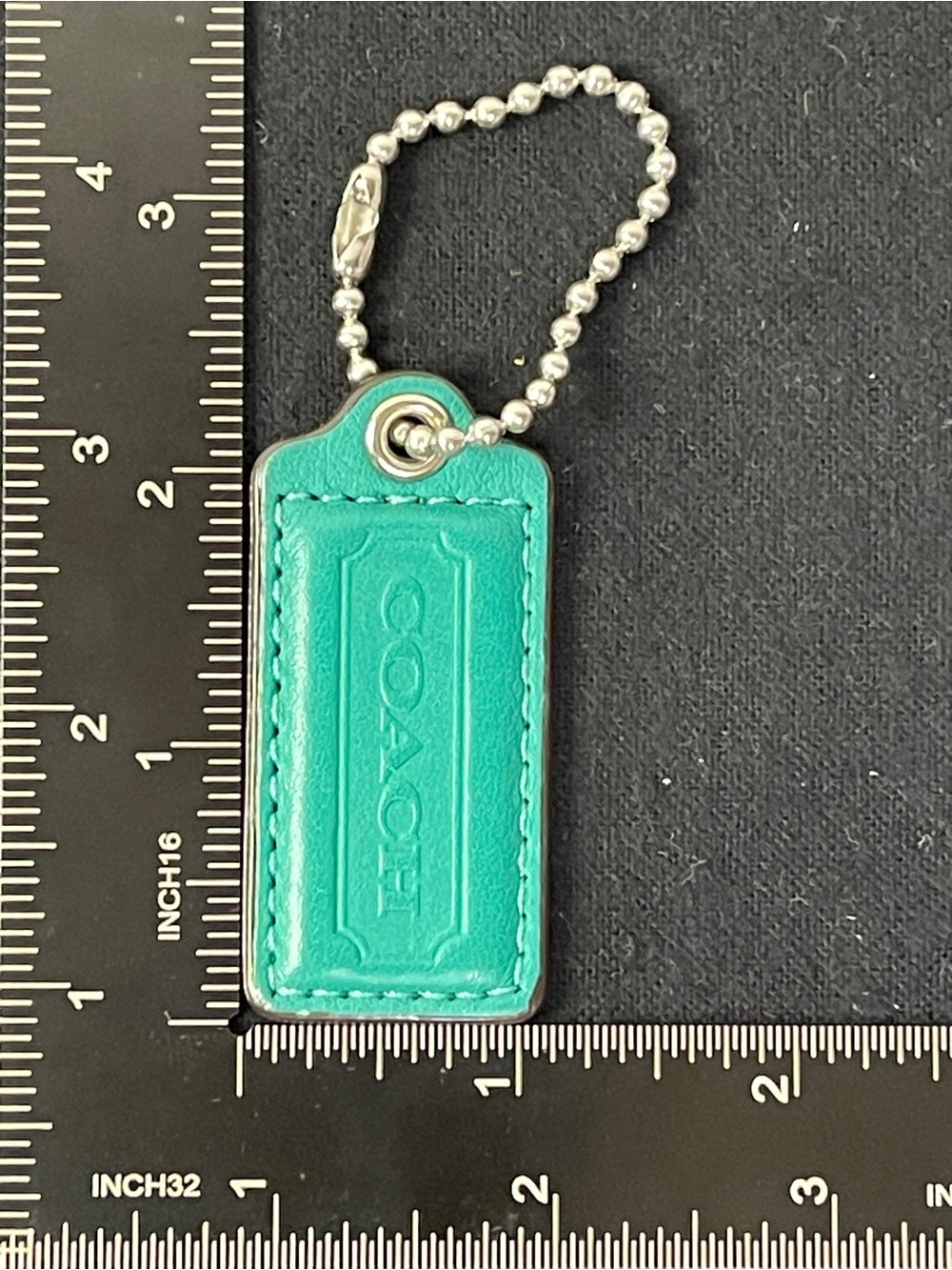 Coach Teal Leather Hang Tag with Silver Ball Chain